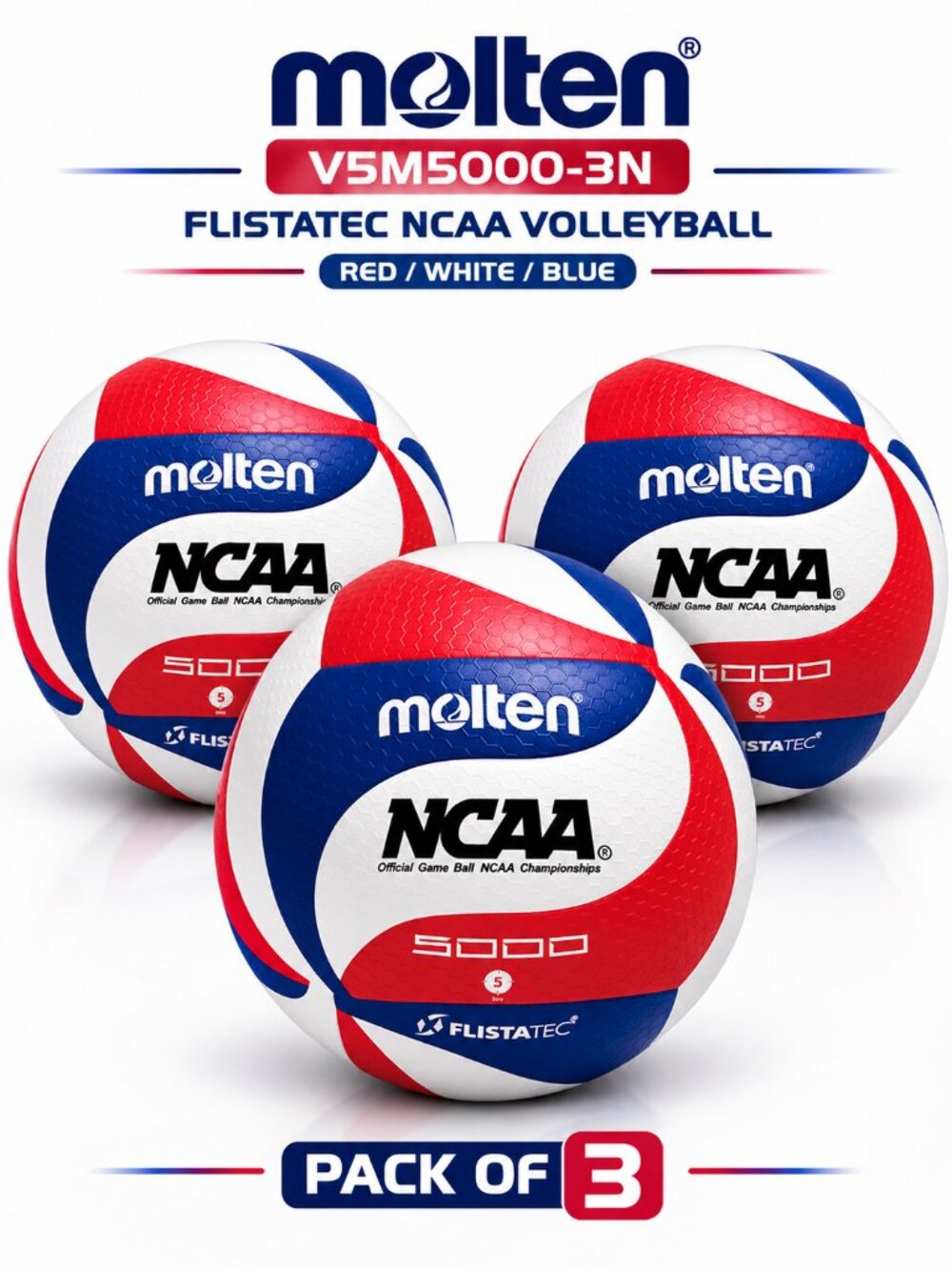 Molten V5M5000-3N Flistatec NCAA Volleyball Red/White/Blue Pack of 3